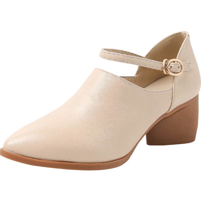 2026春秋新款牛皮中跟单鞋女尖头英伦时尚舒适优雅粗跟女鞋工作鞋