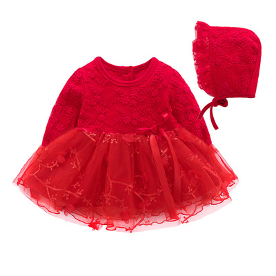 婴儿春秋薄款红色生日礼服公主裙