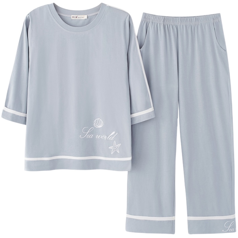 新款韓版日系睡衣女士夏天春秋季純棉七分袖套頭八分褲家居服套裝