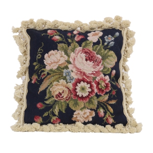 小黑牡丹绒绣进口欧式手工羊毛复古十字绣靠垫套手绣包枕套稿美