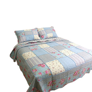 蓝色真拼块毛毛虫边纯棉水洗绗缝空调被床盖三件套四件套枕套