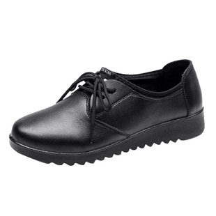 妈妈鞋女单鞋平底黑色皮鞋平跟工作鞋防滑防油餐厅上班鞋42码女鞋