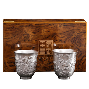 银杯子 999纯银功夫茶具套装主人杯对杯大号隔热银茶杯品茗银水杯