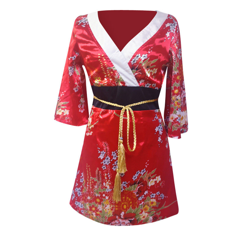 日式和服连衣裙A字性感低胸碎花蝴蝶结缎面古风连衣裙会所工作服