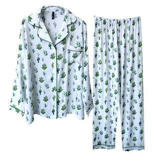 白色仙人掌棉麻睡衣女夏月子服棉布长袖亚麻薄棉绸人造棉套装外穿