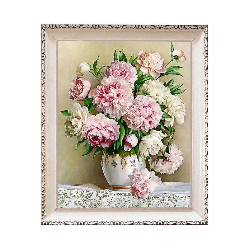 印花十字绣客厅新款牡丹花百合花瓶小幅卧室简约现代线绣玫瑰花