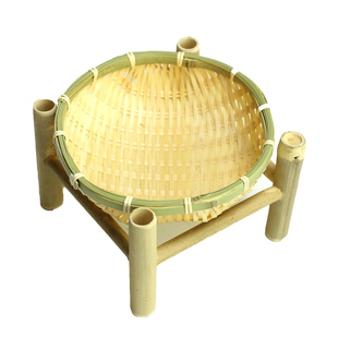 竹编带架篮零食筐簸箕家用水果收纳篮农家饭店餐盘架子篮手工装饰