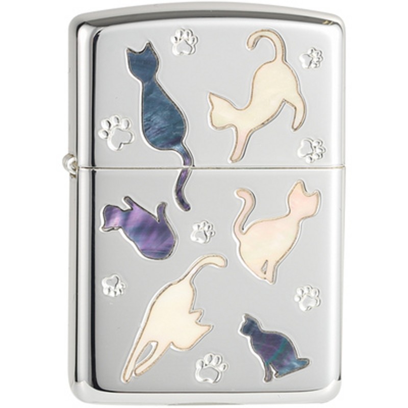 ZIPPO爱心猫咪雕刻彩贝镶嵌