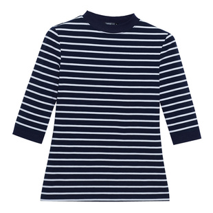 半高领黑白条纹七分袖女上衣T恤修身大码半袖中袖莫代尔打底衫新