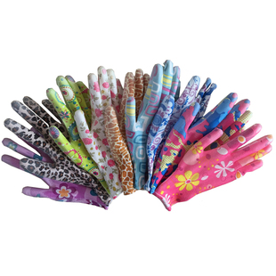 包邮薄款尼龙印花PU手套花色涂掌浸胶手套防滑家务涂胶劳保手套