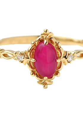 花纹红刚玉925银镀18k黄金戒指