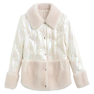 拼接韩版时尚保暖羊毛短款羽绒服