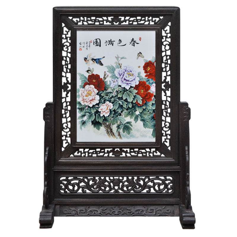 仿古瓷插屏台屏 粉彩山水画实木雕刻框陶瓷板画屏风老货旧货317WJ