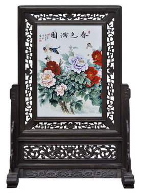 仿古瓷粉彩雕刻屏风旧货山水画