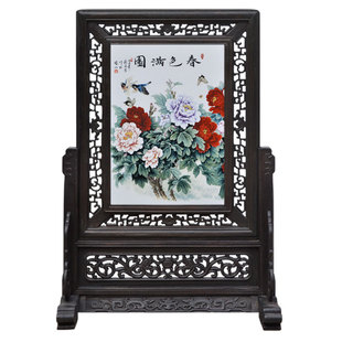 仿古瓷插屏台屏 粉彩山水画实木雕刻框陶瓷板画屏风老货旧货317WJ