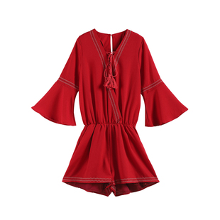 沙滩裙裤海边度假新款夏女波西米亚刺绣连衣阔腿裤泰国连体裤短裤