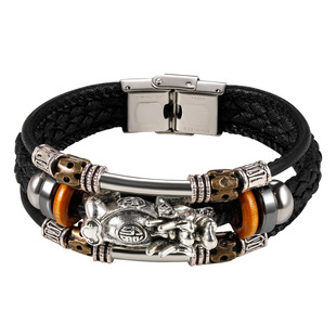 男士手链简单大方手工编织皮绳貔貅手环男钛钢个性麒麟皮丘手镯潮