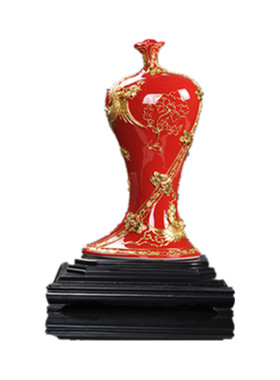 红色客厅摆件漆线雕陶瓷结婚礼品