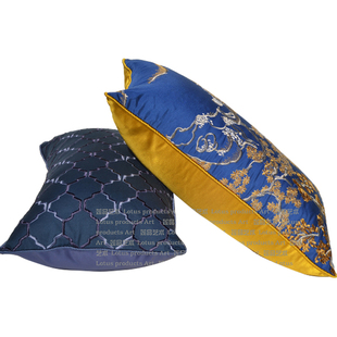 绸缎丝绣蓝红色抱枕腰枕现代简约新古典中式长方形腰靠靠垫靠枕套