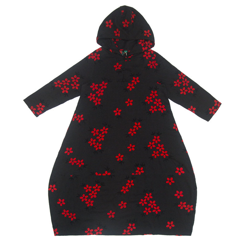 民族风棉麻绣花长袖连衣裙女 春秋装连帽复古盘扣宽松中长款袍子