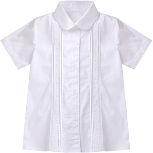 女童白衬衫夏装短袖纯白色儿童纯棉衬衣小学生校服蕾丝翻领学院风