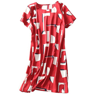 (清库存)女装印花真丝连衣裙圆领中长款短袖宽松大码连身裙子