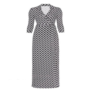 DVF黑白锁链V领印花针织裹身真丝长款绑带修身连衣裙Abigail