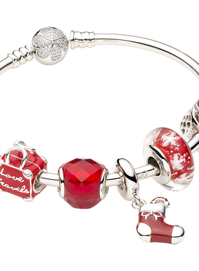 红色圣诞节925银手镯转运珠手链