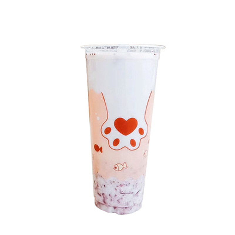 90口径塑料奶茶杯子一次性带盖网红猫爪果汁饮料杯可封口定制LOGO