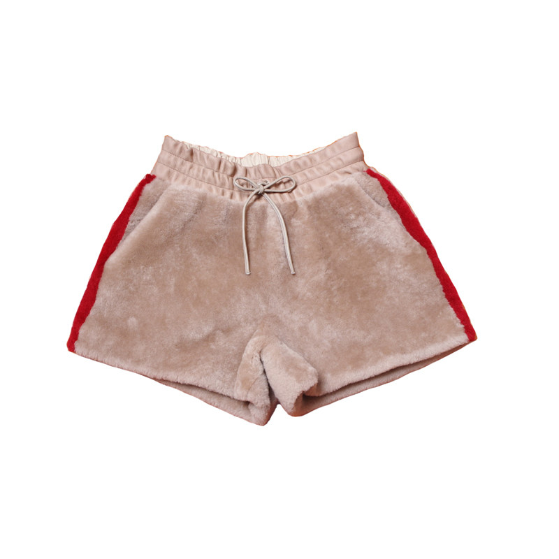 秋冬新品 美利奴羊剪绒皮毛一体松紧宽松阔腿型高腰短裤 女