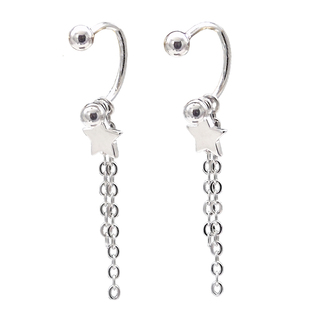 原创设计925银弧形针星星短流苏拧螺丝耳钉纯银U型细针耳骨环独家