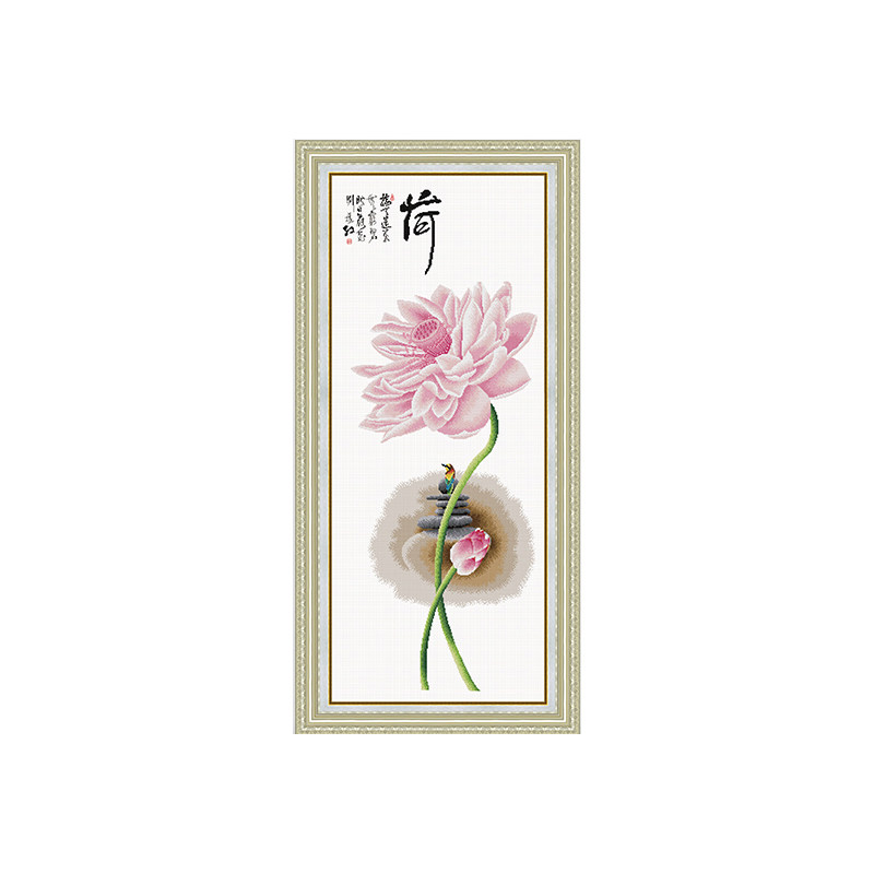 ks十字绣2019新款线绣大厅客厅玄关花卉荷花竖版现代简约荷韵挂画
