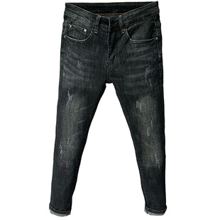 潮男牛仔裤修身小脚春秋韩版黑色休闲弹力精神小伙潮流男士九分裤