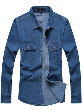 牛仔大码复古蓝色水洗工作服衬衫