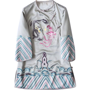 冬季新款 复古中式前后牡丹刺绣花立领水貂毛夹棉宽松旗袍连衣裙