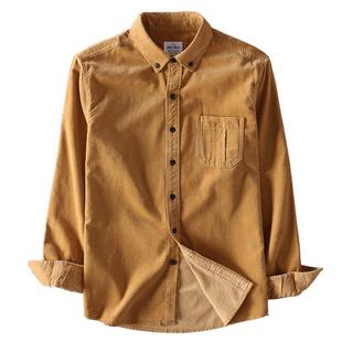 秋纯棉灯芯绒长袖衬衫男条绒衬衣中年男加绒加厚保暖衬衫磨毛上衣