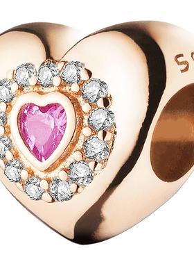 粉色锆石925银心形珠子串珠玫瑰金串饰吊坠DIY搭手链手工材料饰品