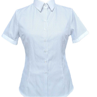 职业正装工作服衬衣女短袖修身蓝条纹白色ol银行夏季工装衬衫