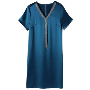 AURORA轻奢醋酸连衣裙女中长款a字裙夏显瘦气质宽松链条流苏裙子