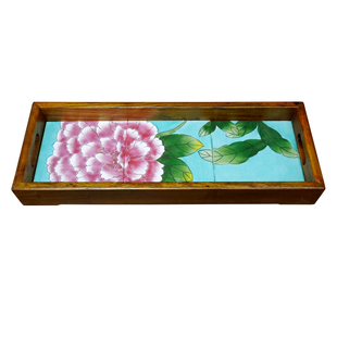 瓷板画镶嵌老榆木托盘实木窄长条瘦桌面收纳装饰摆件果盘水杯茶海