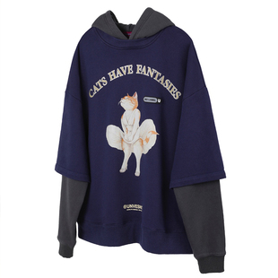UNVESNO 潮牌 原创梦露猫印花紫灰色假两件拼接情侣宽松连帽卫衣