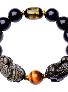 千瑟天然黑曜石皮丘女貔貅手链