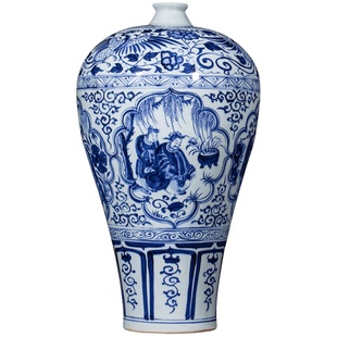 宁封窑手绘仿古花瓶景德镇陶瓷瓶摆件客厅元青花四爱梅瓶收藏珍品