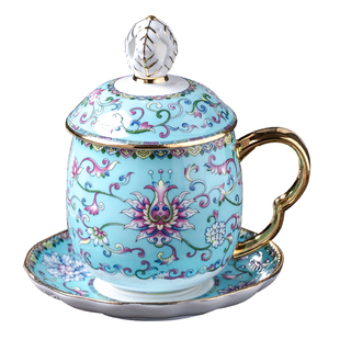 景德镇高档骨瓷家用泡茶杯子陶瓷水杯三件套办公室主人杯描金茶杯