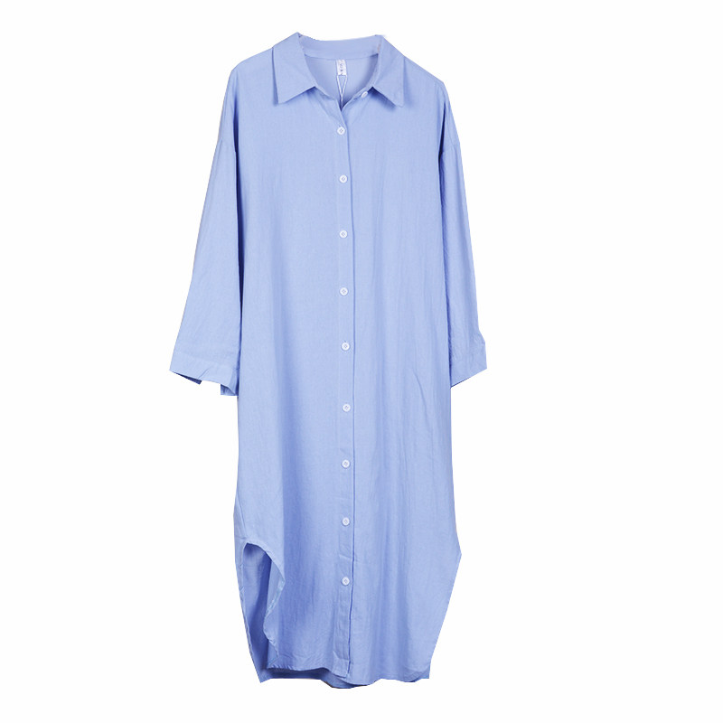 韩国chic宽松懒人款长袖衬衣女简约中长款棉麻衬衫裙休闲防晒外套