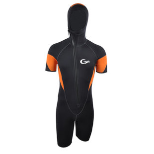 5mm保暖连帽防寒防晒深潜服 前开拉链冬泳短袖短裤连体衣男潜水服