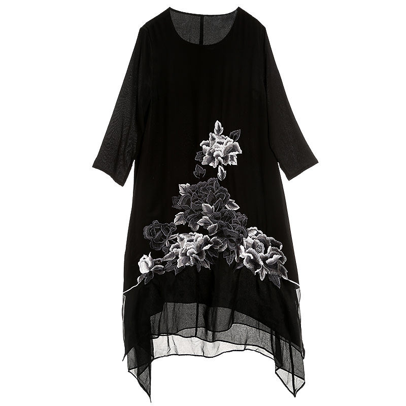 新中式女连衣裙安娜滕复古国风真丝刺绣中长款不规则圆领九分袖裙