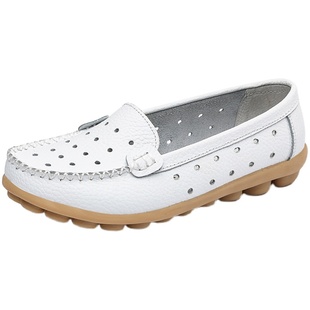 夏季小语鹿休闲护士小白鞋平底大码妈妈鞋真皮防滑豆豆鞋软单鞋女