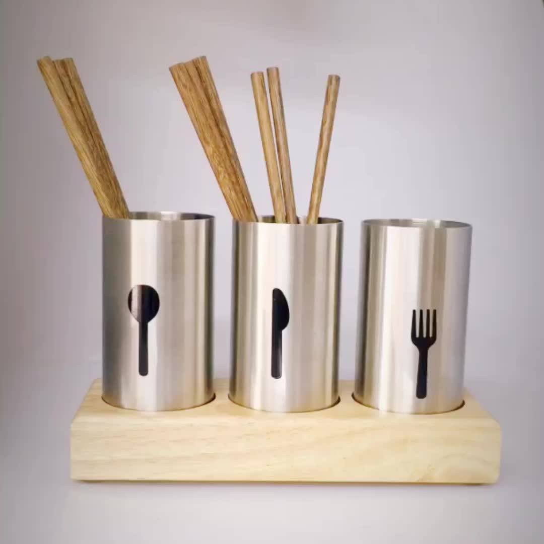 Four Holder Wooden Base Stainless Steel Flatware Organization Utensil