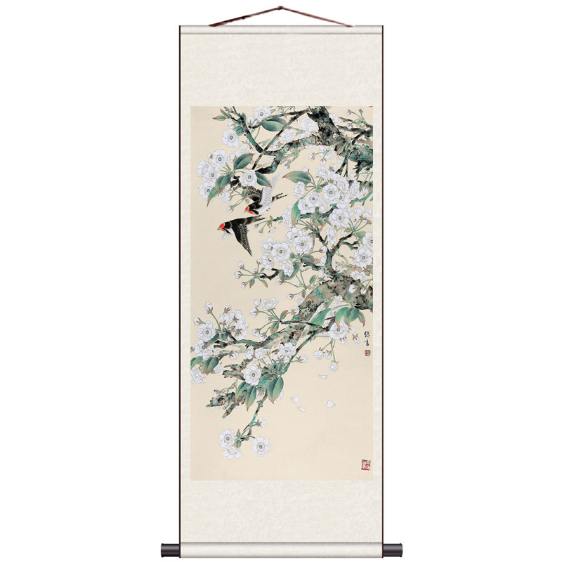 玉兰花鸟卷轴字画茶楼包厢古典装饰画中式挂画丝绸画风水礼品玉兰